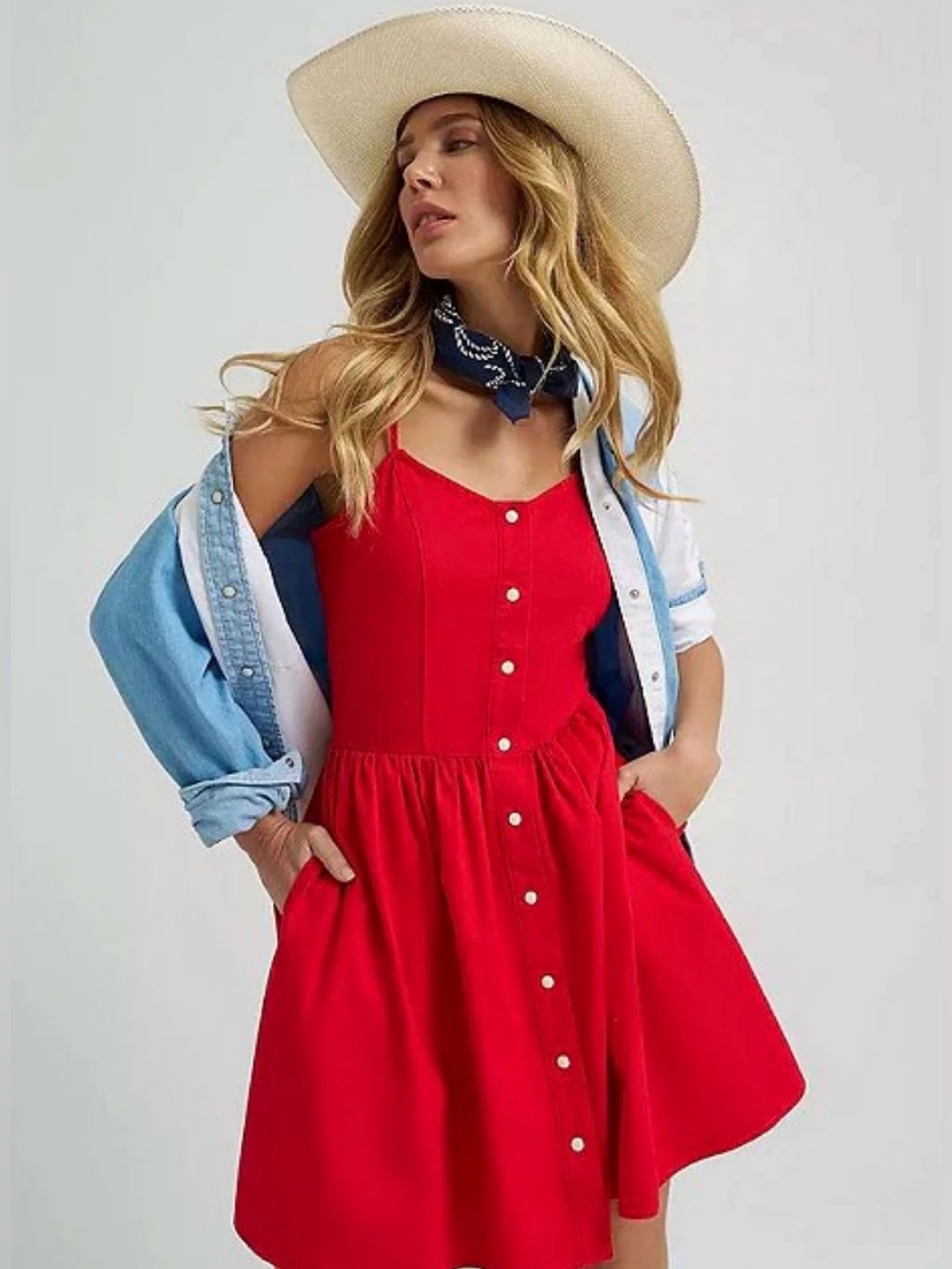 NWT - Sleeveless Snap Front Red Dress with Pockets and “Pearlized” Snaps